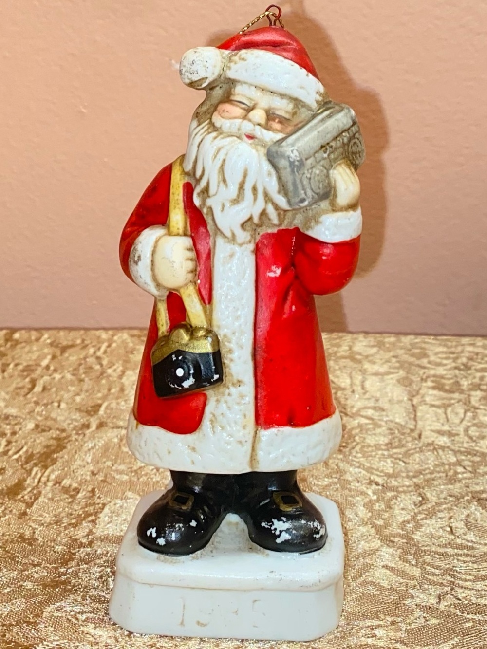 1985 VINTAGE SANTA CLAUS Tree Ornament Ceramic w/Boombox & Camera